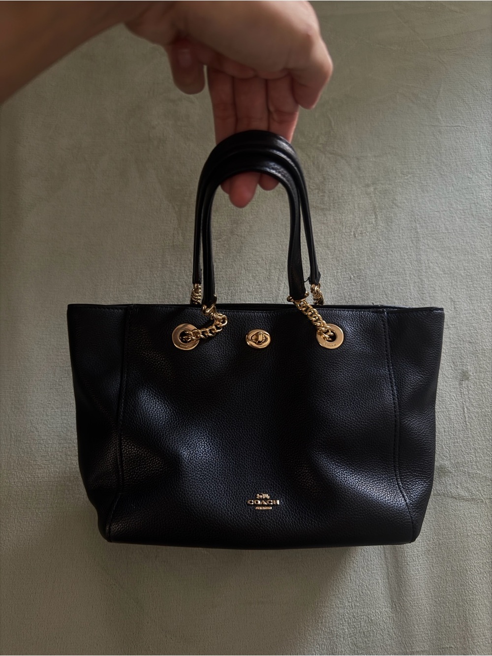 Coach Black Pebbled Leather Tote with Gold Chain Accents